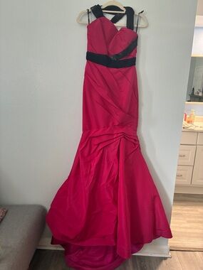 Monique Lhuillier Hot Pink Mermaid Gown with Black Straps